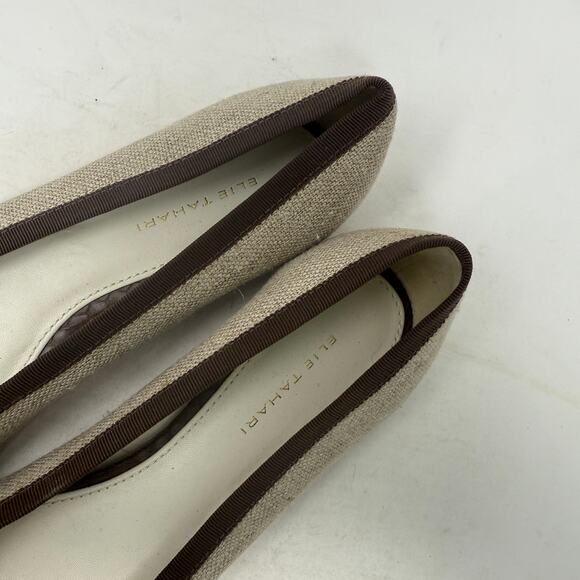 Elie Tahari Linen Canvas & Brown Leather Cap Toe Ballet Flats Size EU 40 - Picture 3 of 11